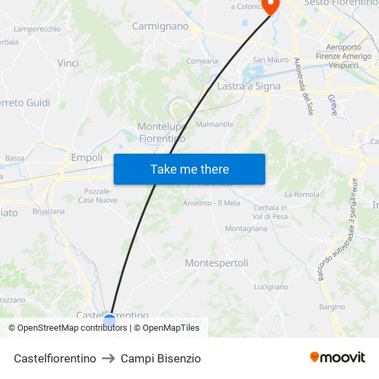 Castelfiorentino to Campi Bisenzio map