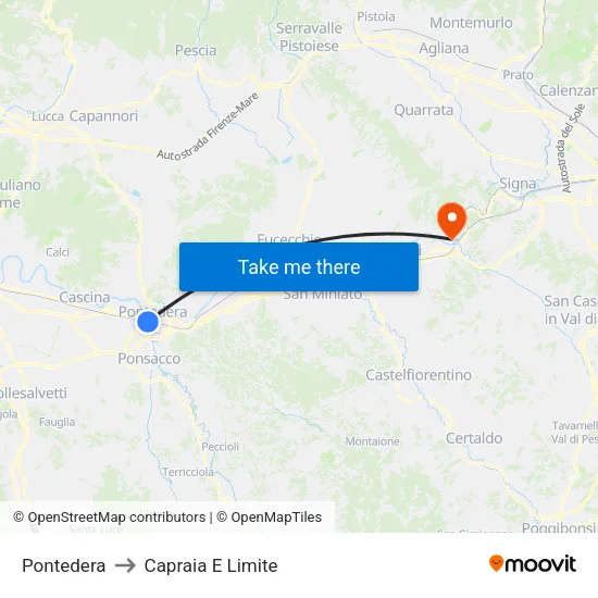 Pontedera to Capraia E Limite map