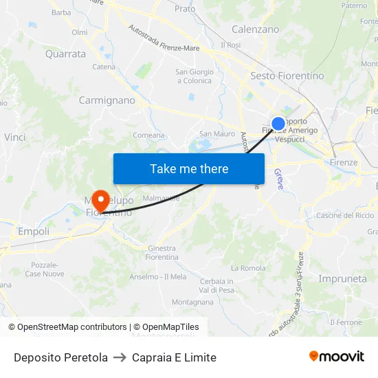 Peretola Depot to Capraia e Limite map