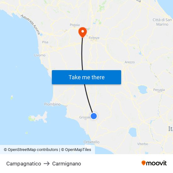 Campagnatico to Carmignano map