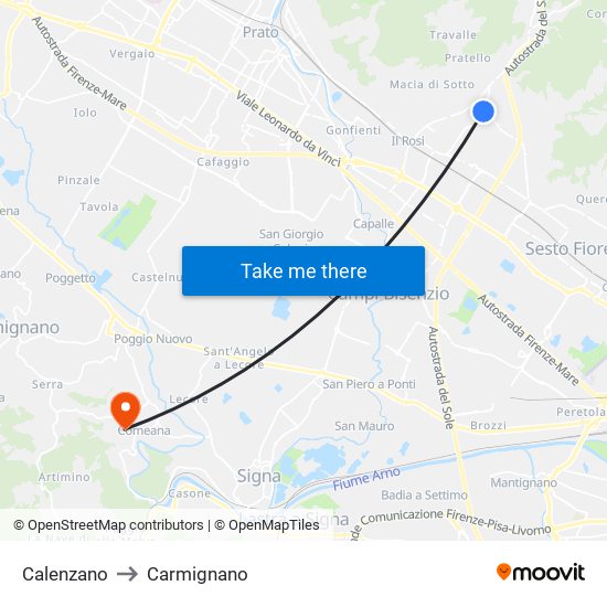 Calenzano to Carmignano map