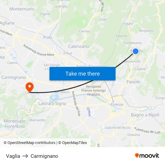 Vaglia to Carmignano map