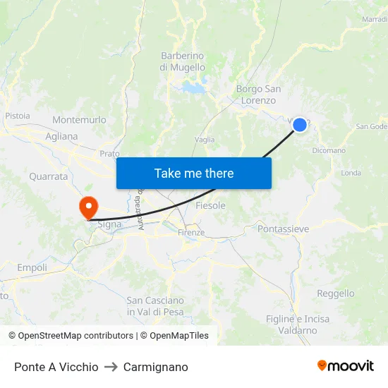 Ponte A Vicchio to Carmignano map