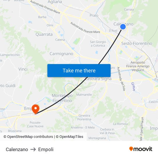 Calenzano to Empoli map