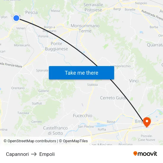 Capannori to Empoli map