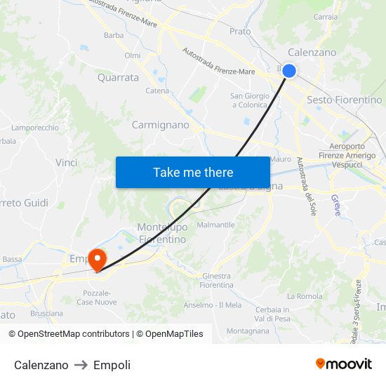 Calenzano to Empoli map