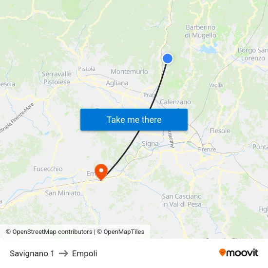 Savignano 1 to Empoli map