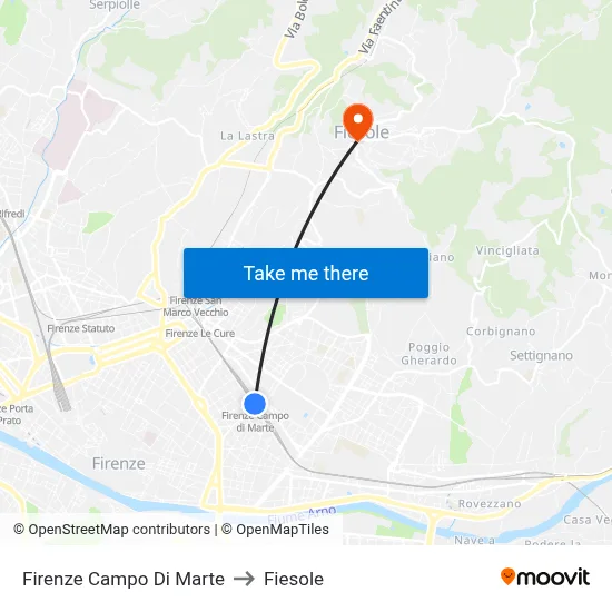 Florence Campo di Marte to Fiesole map