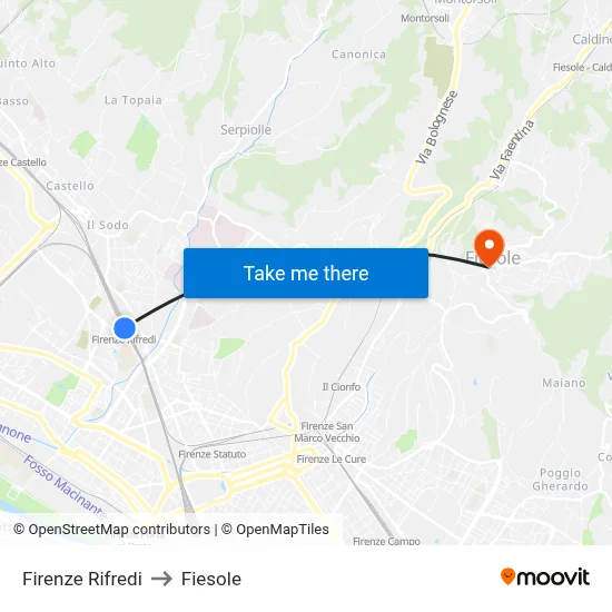 Florence Rifredi to Fiesole map
