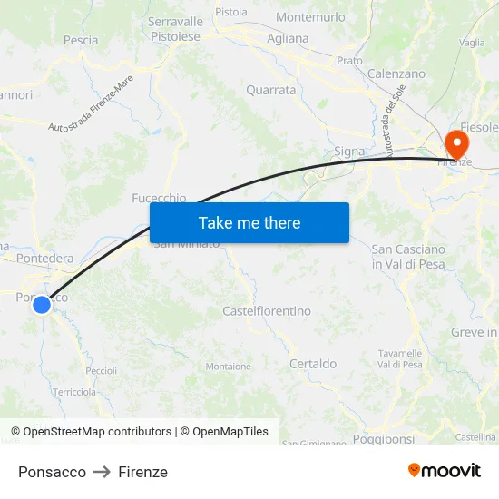 Ponsacco to Florence map