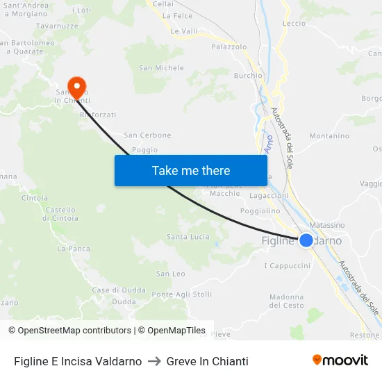 Figline and Incisa Valdarno to Greve In Chianti map