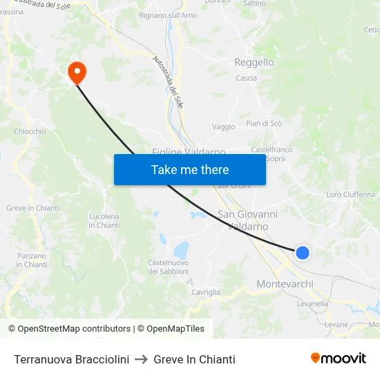 Terranuova Bracciolini to Greve In Chianti map