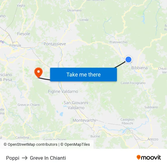 Poppi to Greve In Chianti map
