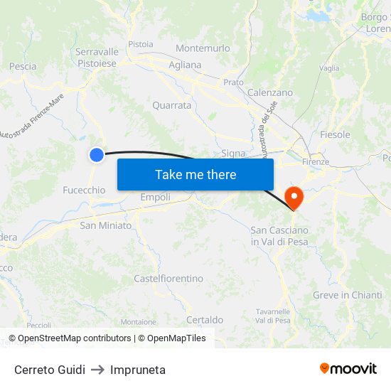 Cerreto Guidi to Impruneta map