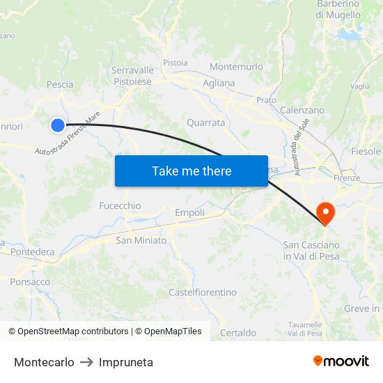 Montecarlo to Impruneta map