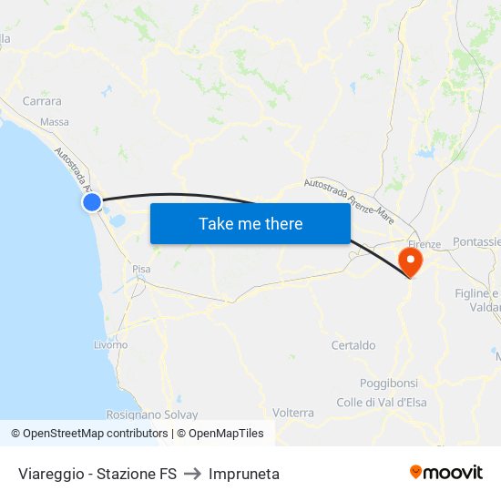 Viareggio Stazione FS to Impruneta map