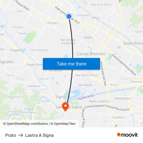 Prato to Lastra A Signa map