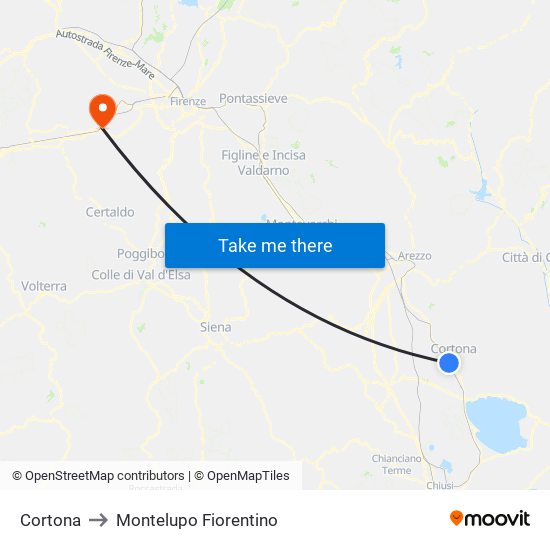 Cortona to Montelupo Fiorentino map