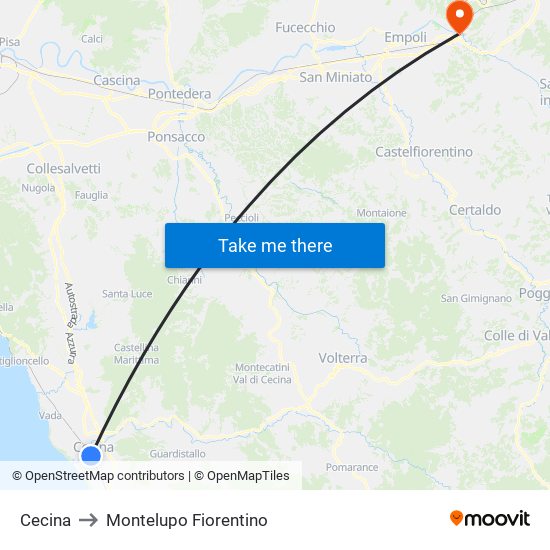 Cecina to Montelupo Fiorentino map