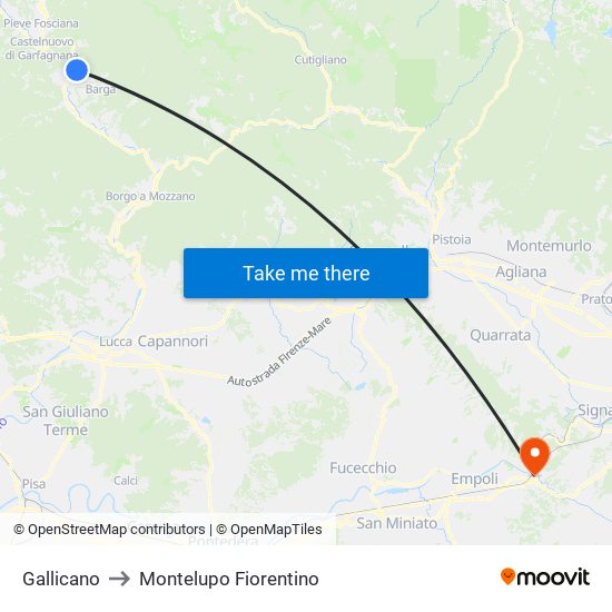 Gallicano to Montelupo Fiorentino map
