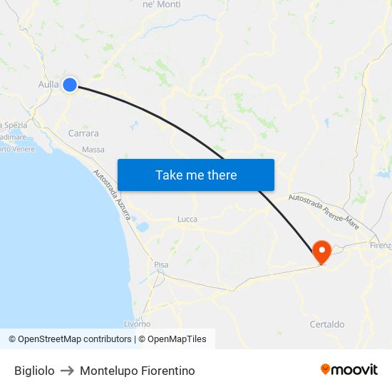 Bigliolo to Montelupo Fiorentino map