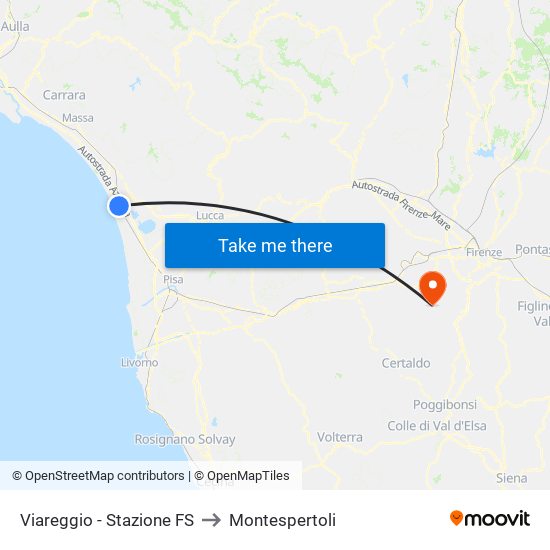 Viareggio Stazione FS to Montespertoli map