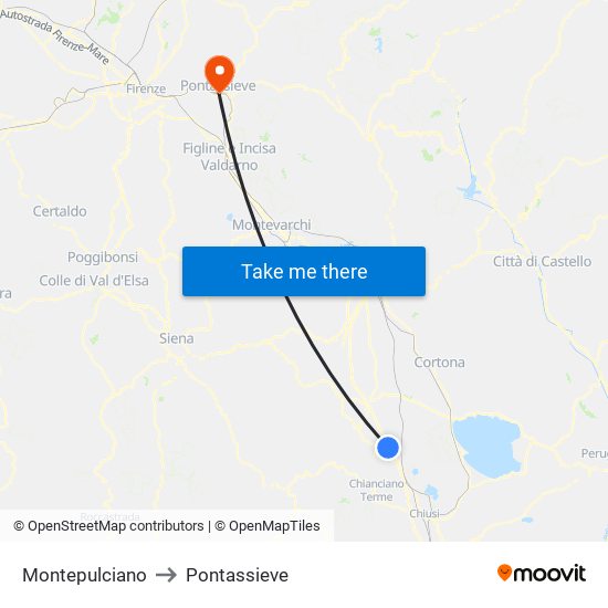 Montepulciano to Pontassieve map