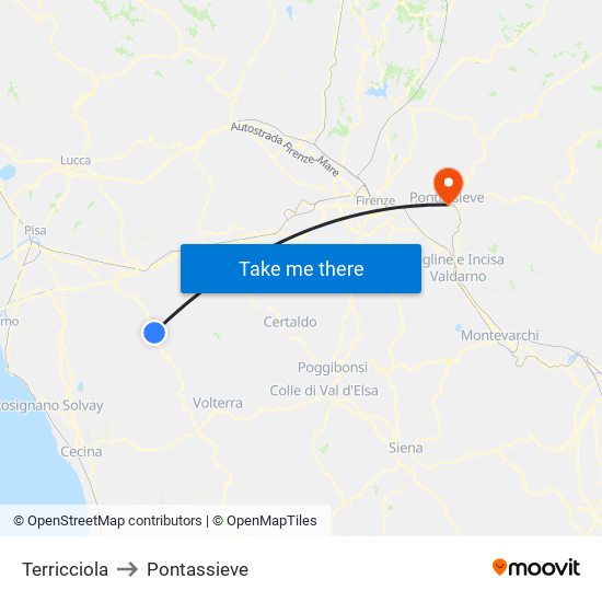 Terricciola to Pontassieve map