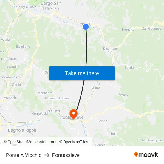 Ponte A Vicchio to Pontassieve map