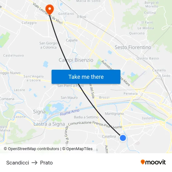 Scandicci to Prato map
