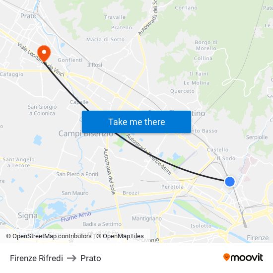 Firenze Rifredi to Prato map