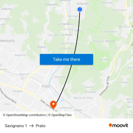 Savignano 1 to Prato map