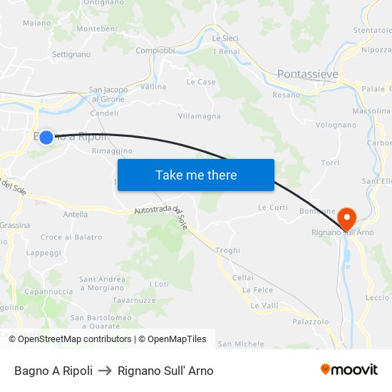 Bagno A Ripoli to Rignano Sull' Arno map