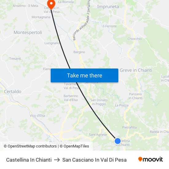 Castellina In Chianti to San Casciano In Val Di Pesa map