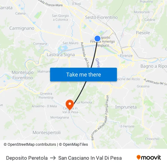 Deposito Peretola to San Casciano In Val Di Pesa map