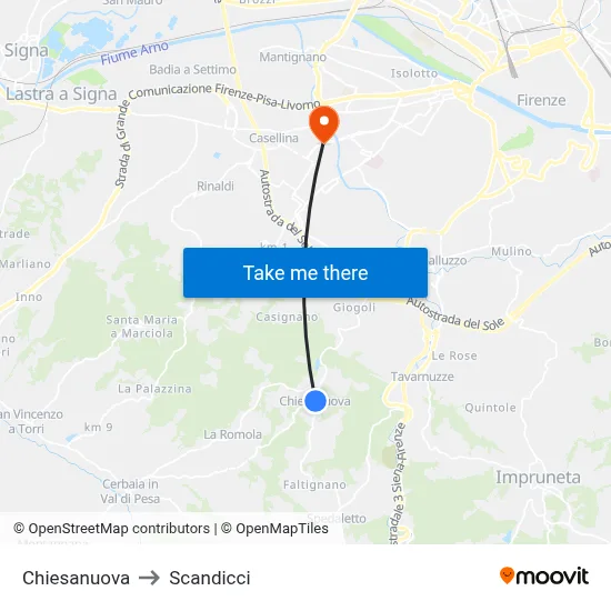 Chiesanuova to Scandicci map