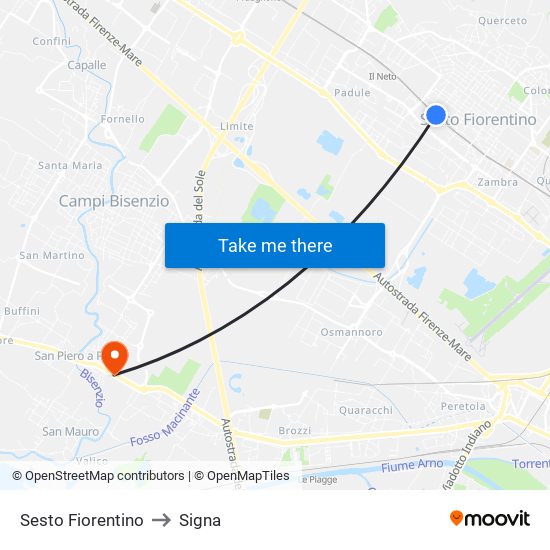 Sesto Fiorentino to Signa map