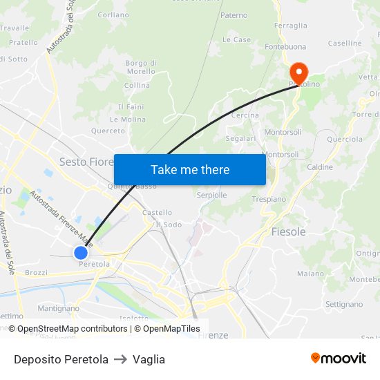 Deposito Peretola to Vaglia map