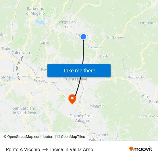 Ponte A Vicchio to Incisa In Val D' Arno map