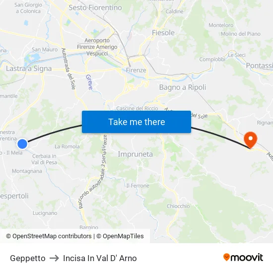Geppetto to Incisa In Val D'Arno map