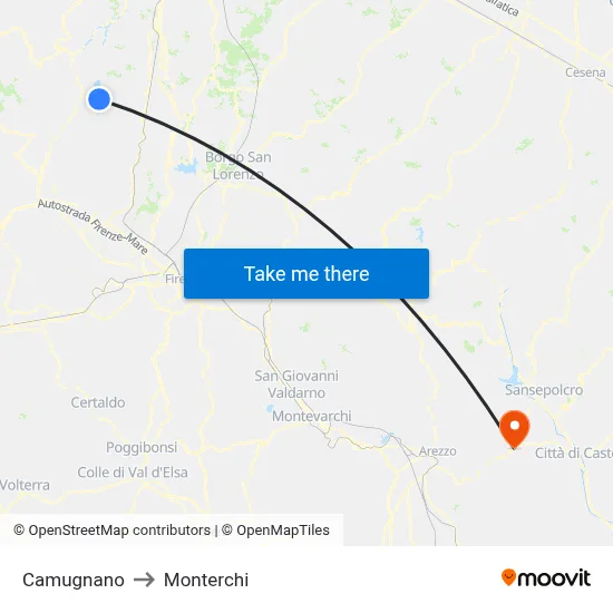 Camugnano to Monterchi map