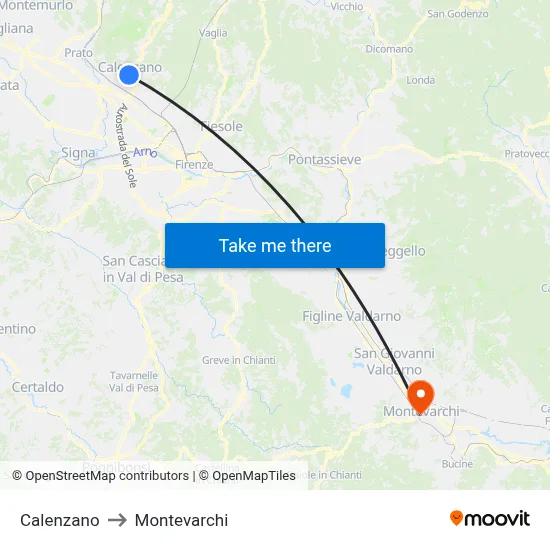 Calenzano to Montevarchi map