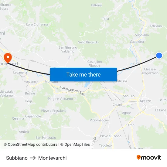 Subbiano to Montevarchi map