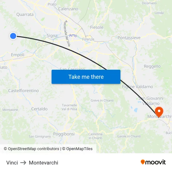 Vinci to Montevarchi map
