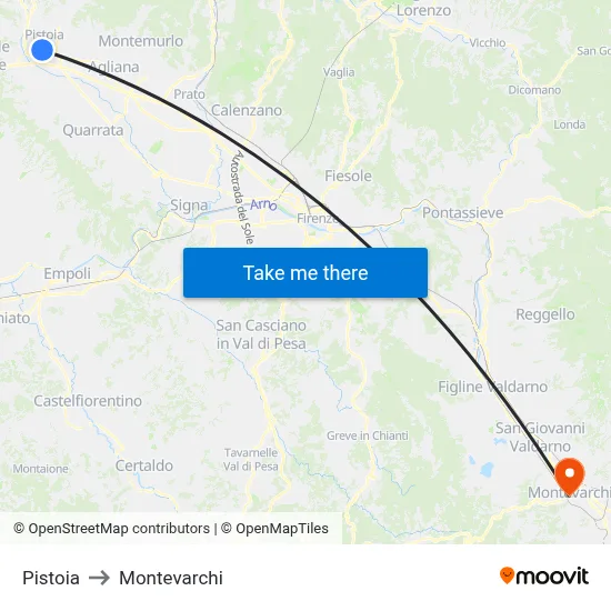 Pistoia to Montevarchi map