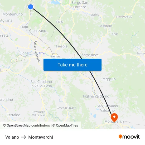 Vaiano to Montevarchi map
