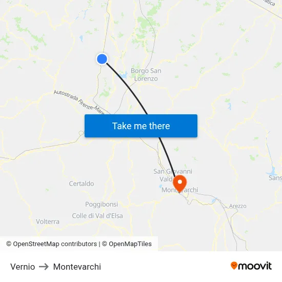 Vernio to Montevarchi map
