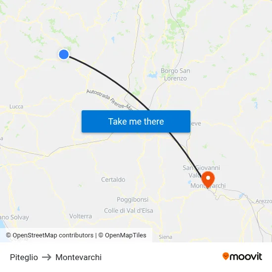 Piteglio to Montevarchi map
