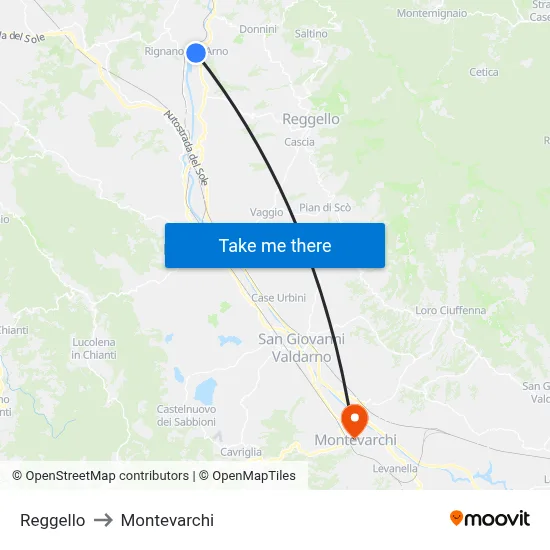 Reggello to Montevarchi map