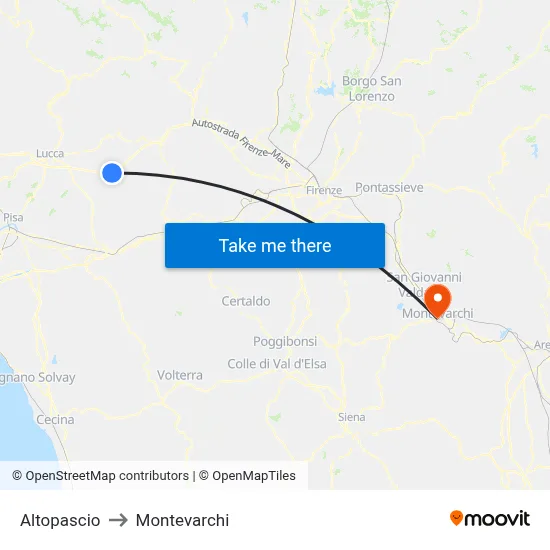Altopascio to Montevarchi map